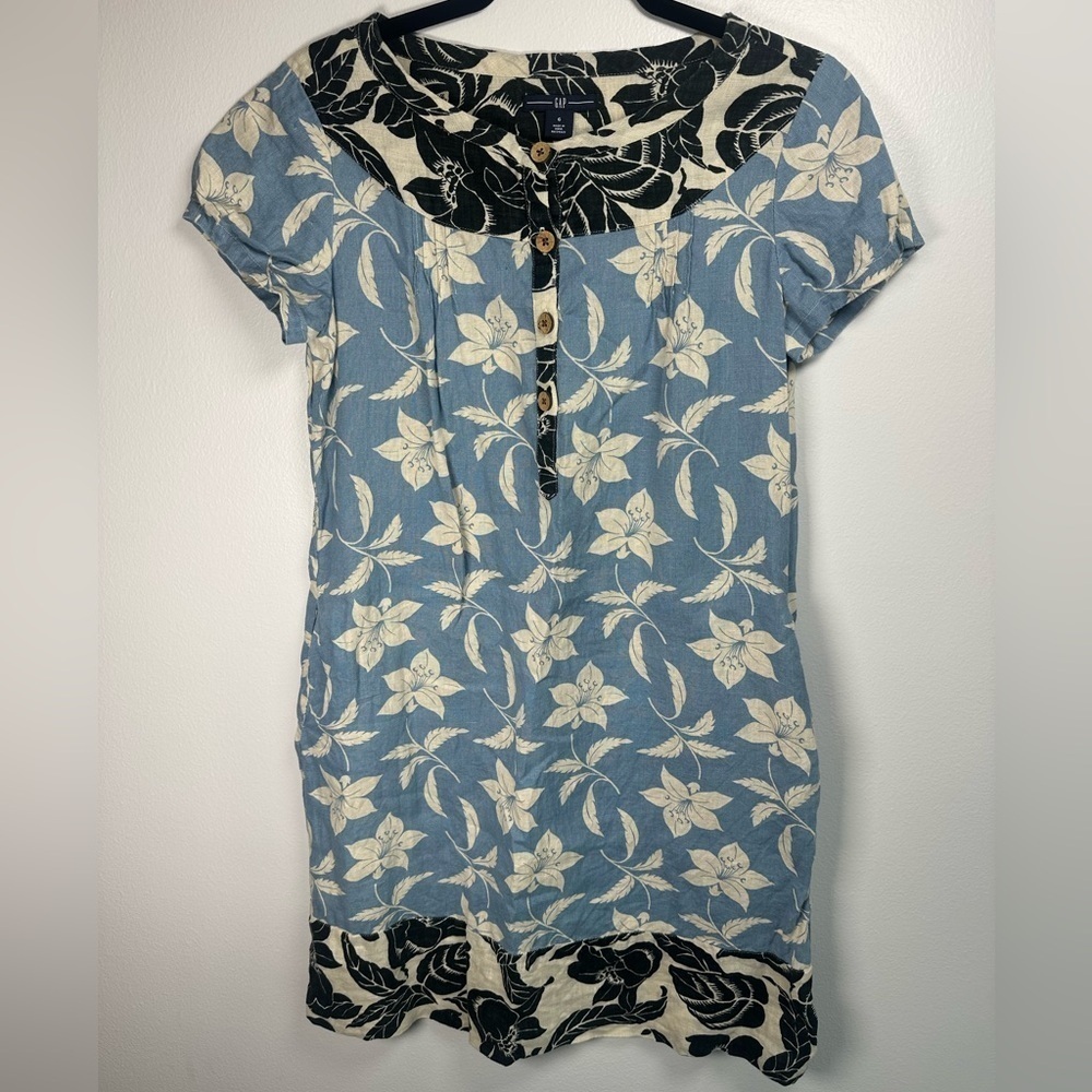 GAP Blue and Black Floral Sheath Dress 100% Linen size 6 pockets